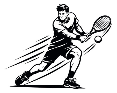 Stylized graphic illustration of a male tennis player depicting a dynamic forehand shot for sports design