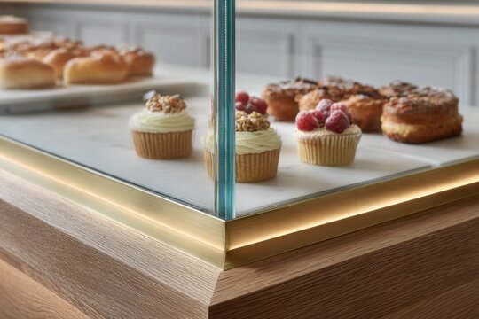 Gourmet cupcakes and pastries displayed in a modern, elegant bakery display case with warm interior lighting.