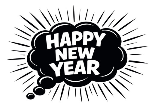 Hand drawn illustration of a speech bubble depicting 'Happy New Year' text for holiday greetings