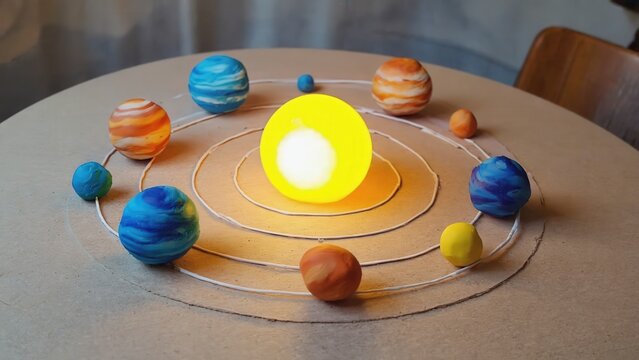 Illuminated Solar System Model With Glowing Sun