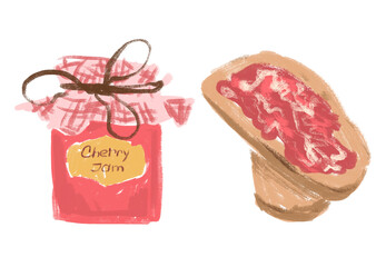Naklejka premium Whimsical set of illustrations of cherry jam in a jar and bread with jam in cottagecore theme