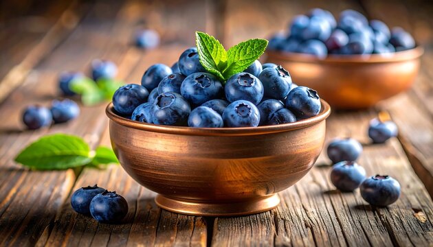 A copper bowl overflows with fresh blueberries on a rustic wooden table