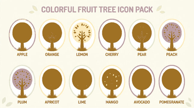 A colorful fruit tree icon pack featuring various fruit trees in a modern and minimalist design style