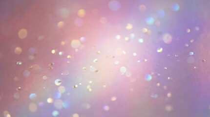 Abstract iridescent pastel pink and purple background with shimmering glitter particles, soft bokeh lights, and dreamy holographic reflections.