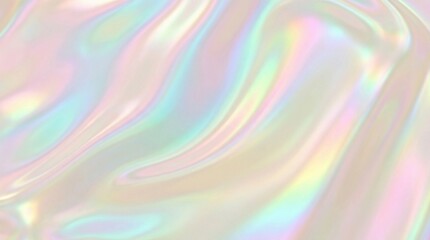 Abstract iridescent holographic liquid background with soft pastel waves and pearlescent rainbow gradient texture.