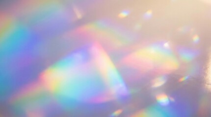 Abstract iridescent holographic background with soft pastel rainbow light leaks and dreamy prism reflections in blurred motion.