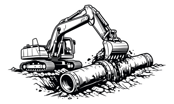 Line art illustration of an excavator depicting burying a large pipe for construction groundwork