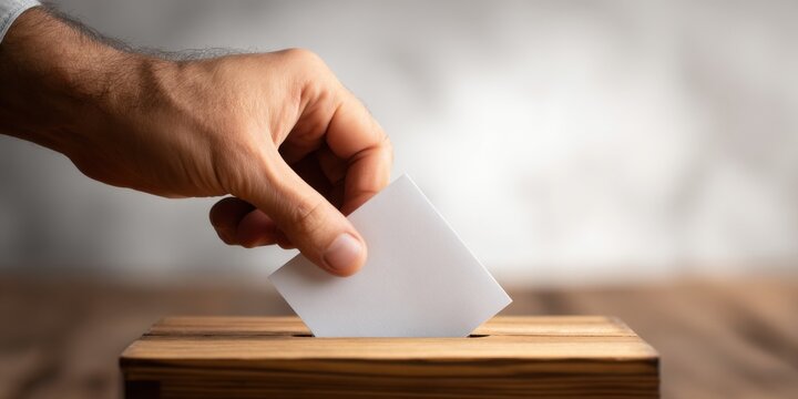 Man casting a vote into a ballot box, representing democratic election participation and civic duty