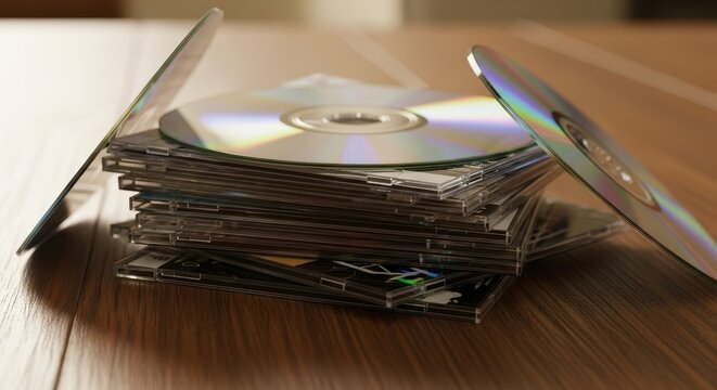 Stack of CDs and DVDs on a wooden table, reflecting light, showcasing old media storage.