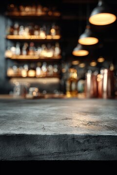 Empty Concrete Bar Countertop with Blurred Bottles and Pendant Lights in a Moody Bar Atmosphere