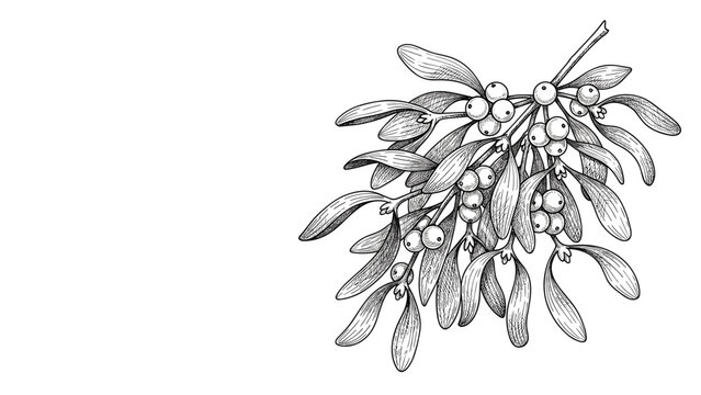 Vintage style hand-drawn illustration of a mistletoe branch with berries and green leaves for holiday or botanical design themes.
