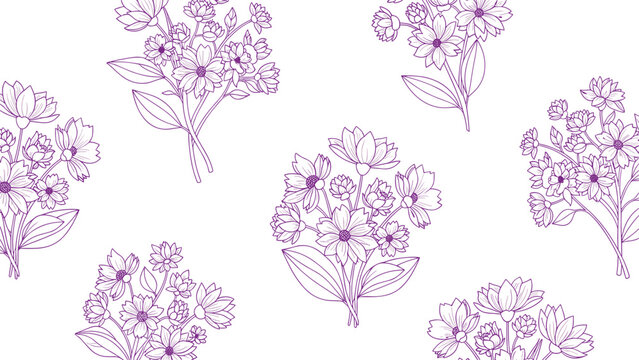 Seamless pattern of delicate purple flower bouquets in a detailed line art style for a feminine and elegant background design.