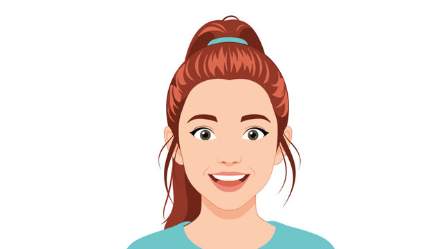 Close-up portrait of a cheerful young woman with red hair in a high ponytail smiling happily against a clean white background.