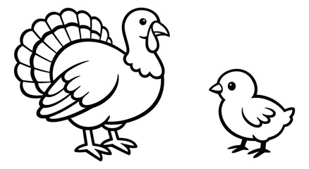 Fototapeta premium Line art poultry set featuring a turkey and a chick for farm and education projects