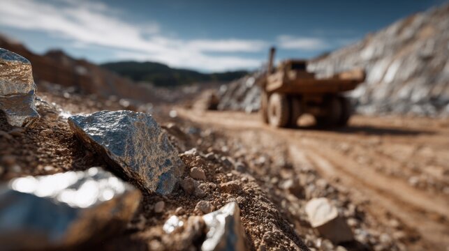 Large mining truck operating in an open-pit quarry with exposed ore and rocky terrain