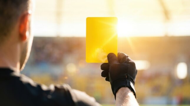 Referee Holding Yellow Card in Bright Stadium Light Environment