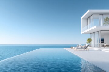 Fototapeta premium Luxurious modern villa with infinity pool overlooking the serene blue ocean on a clear sunny day