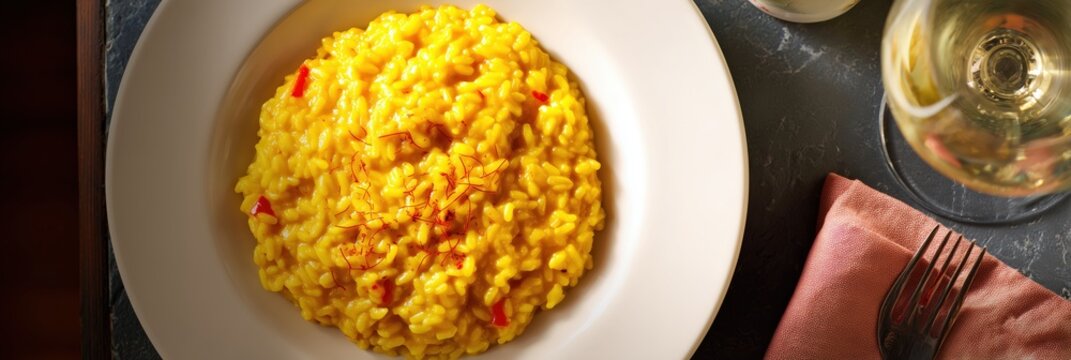 Italian saffron risotto served for dinner, a gourmet meal with white wine and elegant setting