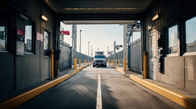 Vehicle entering a secure port or industrial checkpoint with security booths and barriers