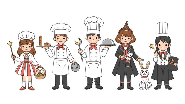 Diverse group of cute cartoon characters dressed up as chefs, magicians, and performers for a fun creative roleplay activity.