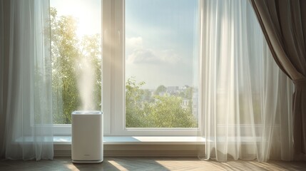 Naklejka premium Sunlit floor by window with purifier, sheer curtains billowing in gentle breeze golden light floods interior, casting soft patterns on hardwood distant green treetop view suggests suburban calm scene