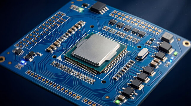 Circuit board with microprocessor and electronic components shown prominently. High detail in blue color. Concept of technology, electronics, engineering
