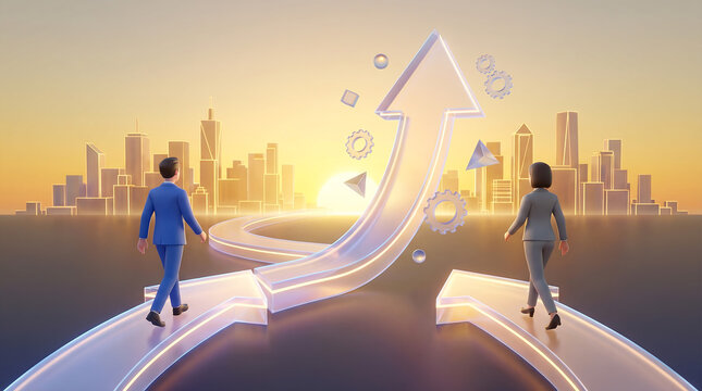 Two men walking on opposite arrow paths merging into one large upward arrow, representing visionary leadership, ambition, motivation, unity, business growth, success - 3d render