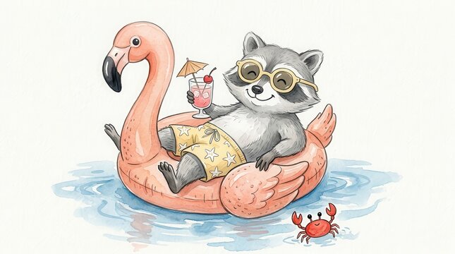 A charming watercolor illustration of a happy raccoon wearing yellow star print trunks and round glasses while relaxing on a pink flamingo pool floaty with a refreshing tropical drink in his hand.