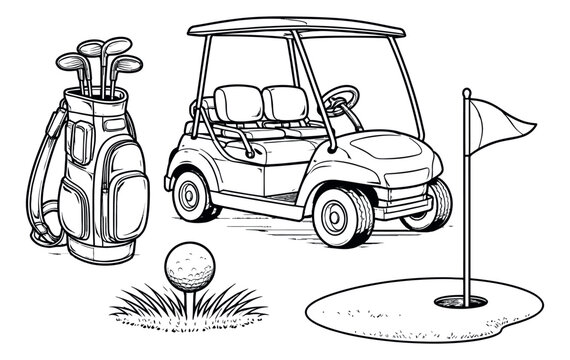 Hand drawn line art golf set featuring a golf cart, bag of clubs, ball, and flag for playing golf