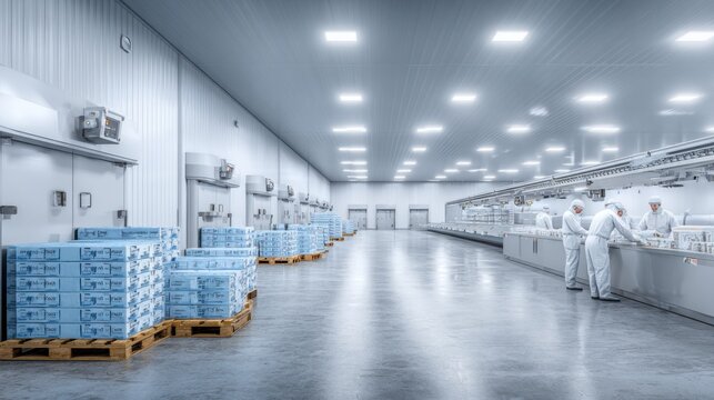 Clean, Modern Cold Storage Warehouse Interior with Palletized Boxes and Workers in Uniforms