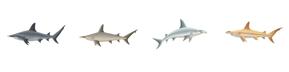 Fototapeta premium Four Sharks Illustration: Great White, Gray Reef, Scalloped Hammerhead, Smooth Hammerhead on Isolated White Background - Aquatic Animals