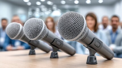 Fototapeta premium Three professional microphones arranged on a conference table with an audience blurred in the background