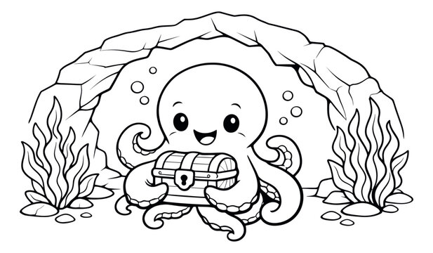 Line art illustration of a cute octopus depicting a hidden treasure chest under a rock for children's activities