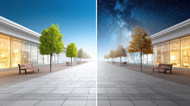 Split image showing modern daytime plaza with trees and sunny sky contrasted with nighttime plaza under starry sky