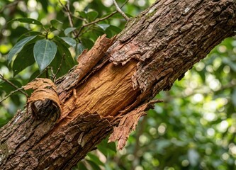 Fototapeta premium Generated AI: Close-up of Natural Cinnamon Bark Peeling from Tree Trunk in Tropical Forest