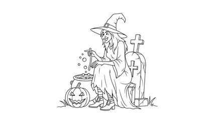 Obraz premium Spooky coloring page for children showing an old witch cooking a potion in a cauldron in a graveyard next to a pumpkin.