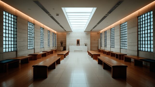 Modern Interfaith Chapel and Meditation Room with Natural Light and Seating