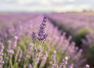 Obraz premium Generated AI Beautiful Lavender Field at Sunset with Soft Focus Purple Flowers Background