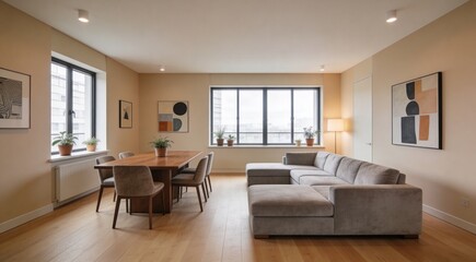 Fototapeta premium Minimalist spacious apartment interior with soft sofa and elegant table