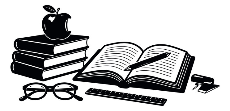Line art school supplies set featuring stacked books, a bitten apple, an open book, a pen, glasses, and a ruler for learning and study