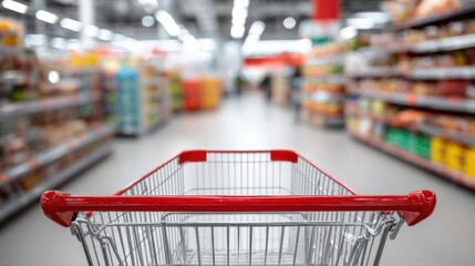 Fototapeta na wymiar Shopping Cart Perspective Down a Bright Supermarket Aisle Filled with Products