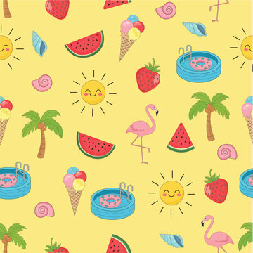 Vector cute Summer Vibes Seamless Pattern with smiling suns, juicy watermelons, ice cream cones, flamingos, palm trees, and pool floats, creating a cheerful tropical