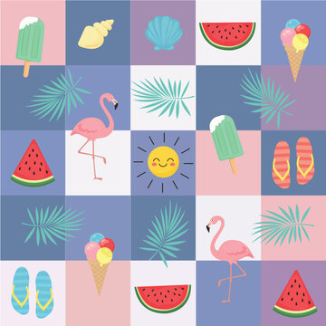 Vecto stylish seamless grid pattern combining pastel color blocks with playful summer icons like flamingos, watermelon slices, ice cream, palm leaves, flip flops, and cheerful sun