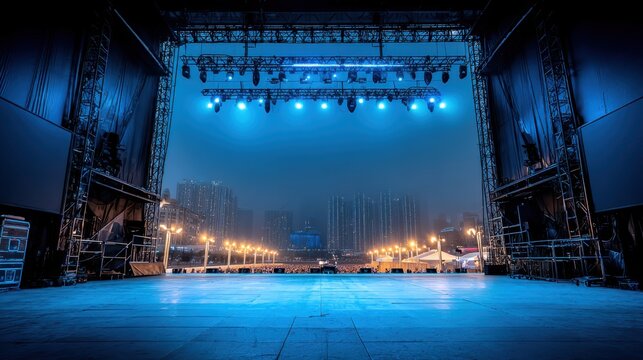 Illuminated Concert Stage with Blue Lighting and Foggy Atmospheric Background Ready for Performance