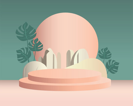 Vector minimalist soft pastel podium with Tropical Leaves and geometric shapes, set against a warm sun backdrop