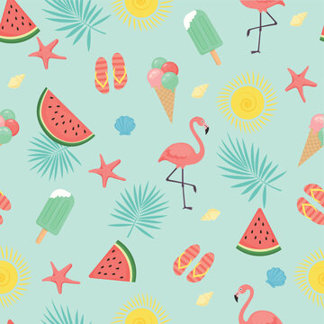 Vector fresh and vibrant seamless pattern with flamingos, juicy watermelon slices, flip-flops, ice cream, palm leaves, seashells, and bright suns, relaxing and playful beachside summer
