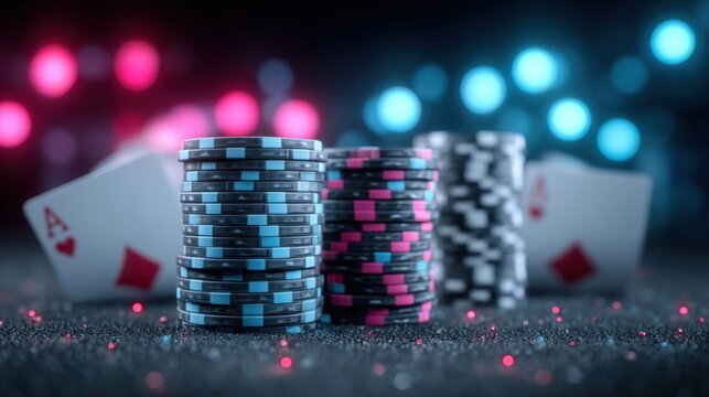 Close up of colorful casino poker chips stacked high with playing cards and bokeh lights in the background