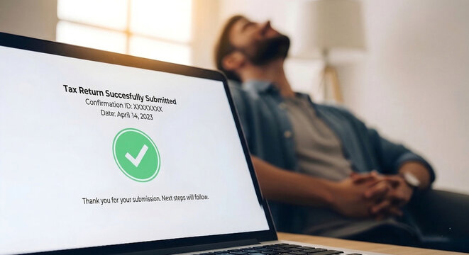 Close up of laptop displaying tax return confirmation message, happy man leaning back in chair after finishing taxes