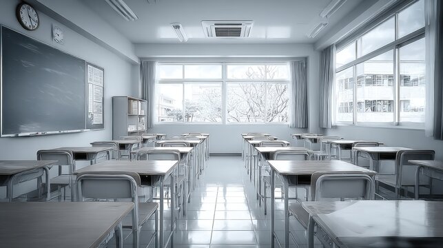 Empty School Classroom with Desks and Chairs Facing a Large Window with Winter Scenery Outside