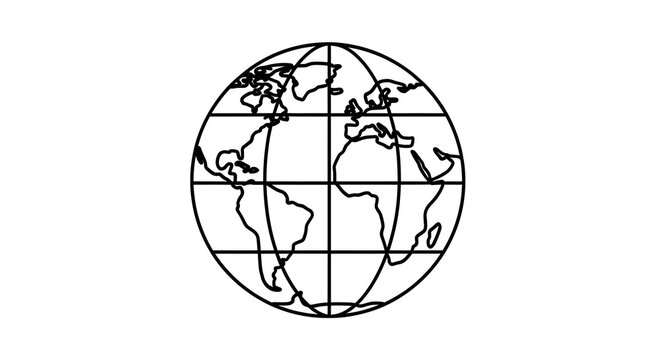 A simple black and white line art illustration depicting a stylized globe with grid coordinate lines